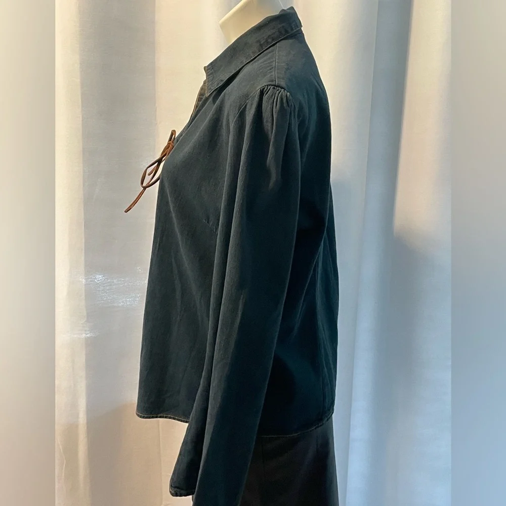 Billblass Vintage Inspired 1970’s Denim Lace Bell Sleeve Leather Tie Shirt - Picture 3 of 6